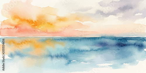 Soft watercolor painting of sunset over the ocean with watercolor painting abstract landscape colorful illustration dramatic reflection creative brushwork atmospheric peaceful backdrop