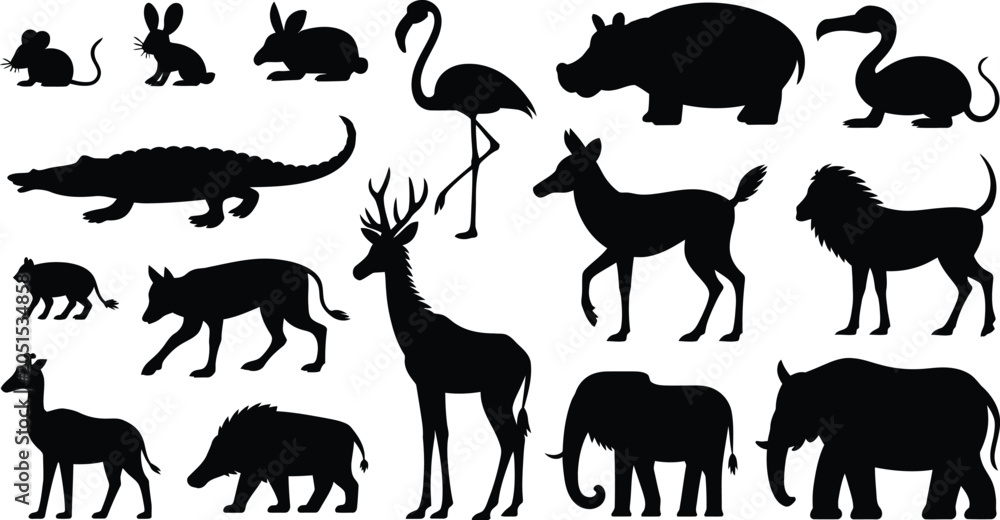 Fototapeta premium Detailed black silhouette collection of diverse wild animals including mammals and reptiles set