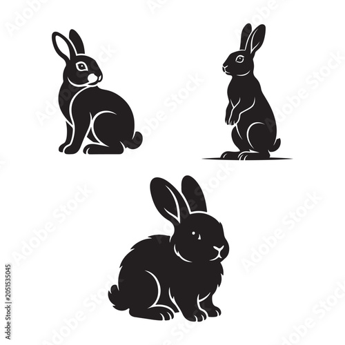 Set of three black rabbit silhouettes with silhouette wildlife illustration