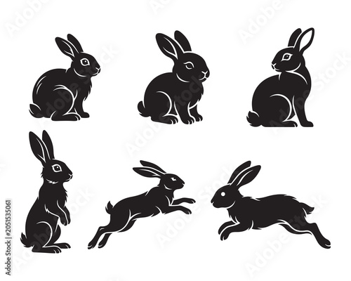 Collection of black rabbit silhouettes in multiple poses with silhouette