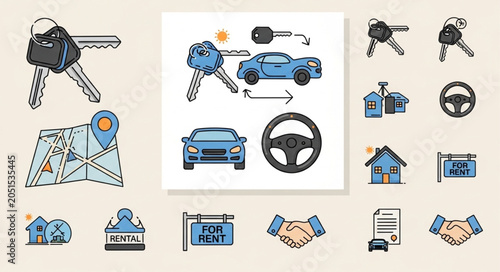 Car Keys Map Steering Wheel and House Icons Representing Real Estate and Automotive Transactions.