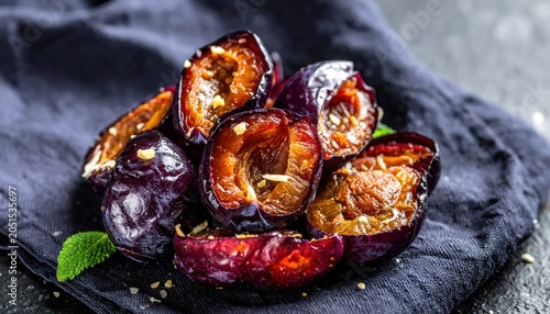 Artfully placed candied plum halves glistening on a dark textured surface, showcasing deep purple hues and rich caramelization.