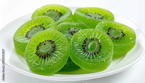Artfully Placed Glazed Kiwi Rounds with Vibrant Green Hues and Glistening Texture on a White Plate