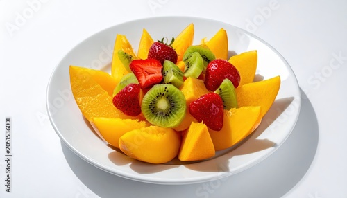 Artfully Plated Deconstructed Fruit Salad Featuring Fresh Mango, Kiwi, and Strawberry Slices on a White Plate
