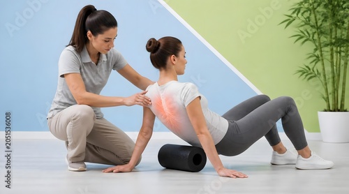 Physical therapy, women and foam roller in clinic for back pain relief, muscle recovery and spinal health. Physiotherapist, trainer and patient with injury rehabilitation, massage and fitness exercis