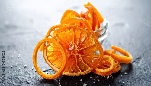 Artfully presented candied orange peel spirals with sea salt, a sweet and salty citrus treat