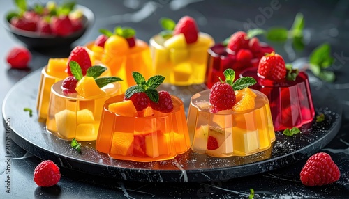 Artfully Presented Fruit Jellies in Clear Molds With Fresh Fruit Pieces and Mint Garnish