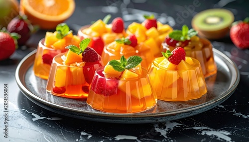 Artfully Presented Fruit Jelly Desserts with Real Fruit Pieces and Fresh Mint Garnish on a Platter