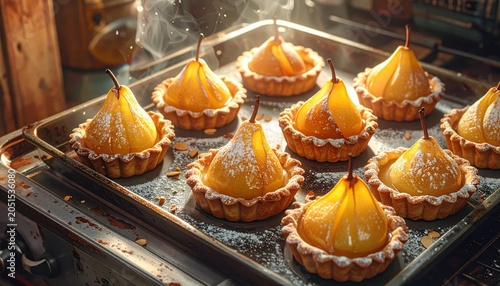 Artfully Presented Glazed Pear Tarts with Almond Frangipane on a Baking Tray