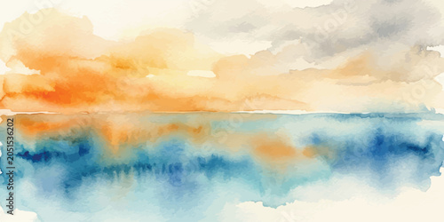 Abstract watercolor landscape sunset over blue water with hand painted watercolor landscape abstract painting seascape colorful illustration background creative twilight reflection