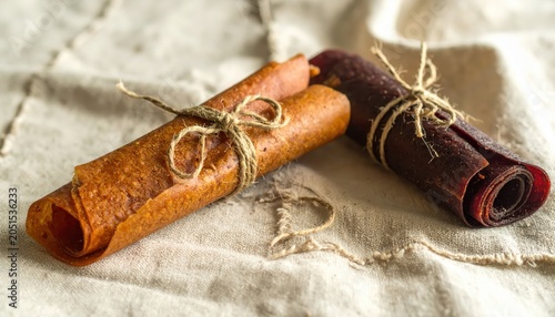 Artfully Rolled Chewy Fruit Leather Snacks Tied with Natural Twine on Rustic Fabric