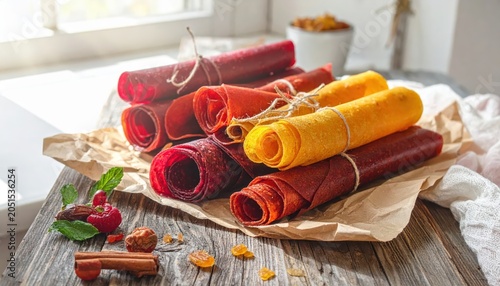 Artfully Rolled Fruit Leather Ribbons Stacked on Rustic Wooden Surface with Garnish