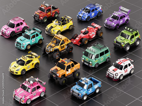 Colorful Racing Model Car Collection with Toy Vehicles and Cartoon Style Miniature Cars in 3D Render Illustration