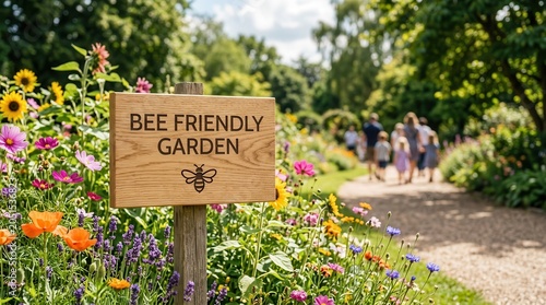Environmental conservation concept featuring a bee friendly garden sign amidst colorful flowers and people in a park.