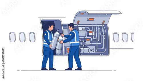Φωτογραφία Loading Oxygen Tanks onto Aircraft: Two technicians in uniform carefully load oxygen tanks into an airplane's cargo hold, a critical step in ensuring passenger safety and flight readiness