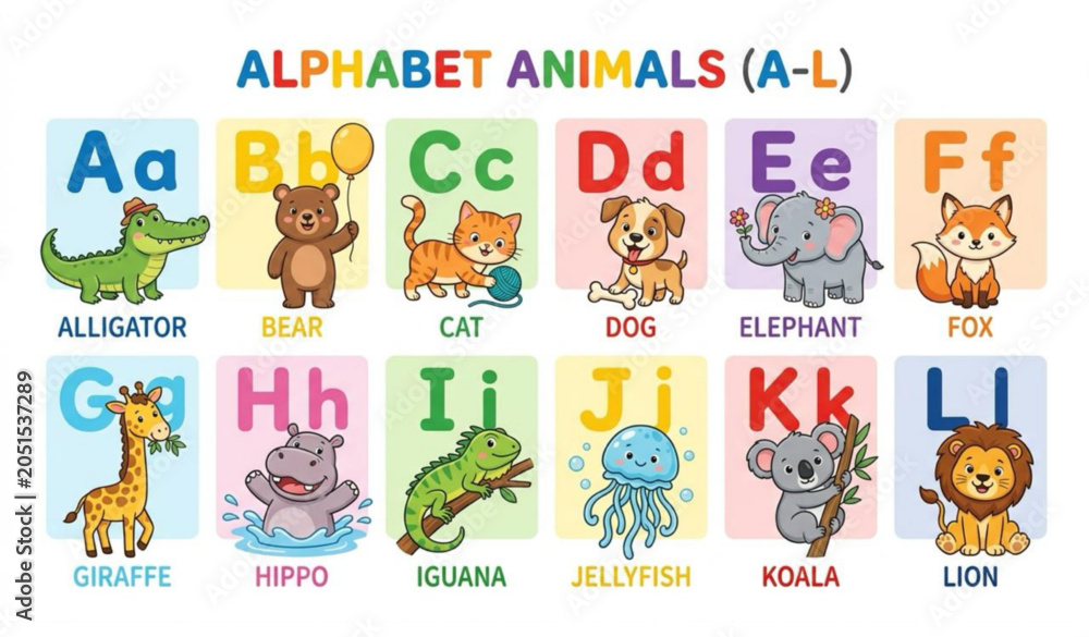 Obraz premium Alphabet Animals Educational Vector Cards for Kids Learning