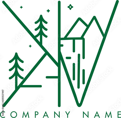 Minimalistic Abstract Initial Letter KV Nature Outdoor Line Art Logo Design