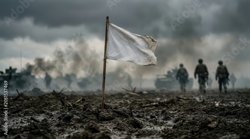 Soldiers move through smoke in the background of a stark battlefield scene featuring a white flag.