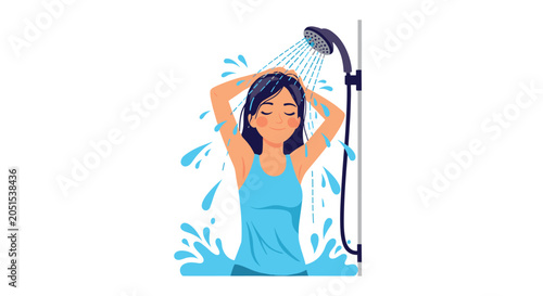 Beautiful young woman taking a relaxing shower while washing her long dark hair with water splashing for daily hygiene and morning routine beauty.