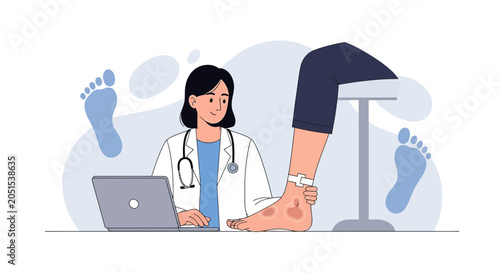 Doctor examining foot with skin condition and using laptop, concept of podiatry and medical care