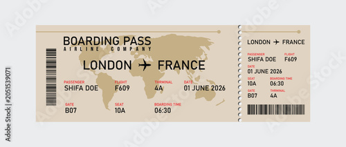 Retro-style boarding pass for london to france flight with vintage typography and travel details