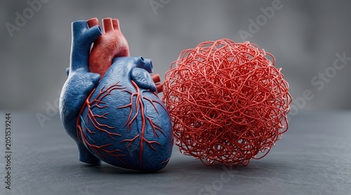 Medical model of a human heart showing blood vessels and a network of red capillaries.