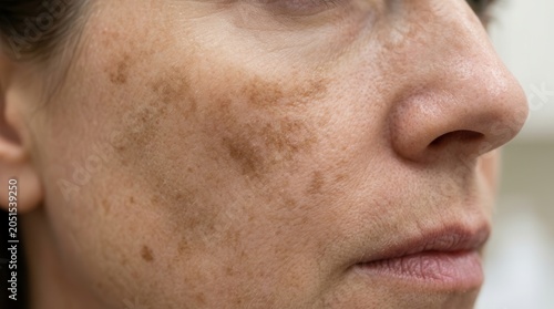 Detailed view of skin hyperpigmentation and cosmetic treatment results on a female face.