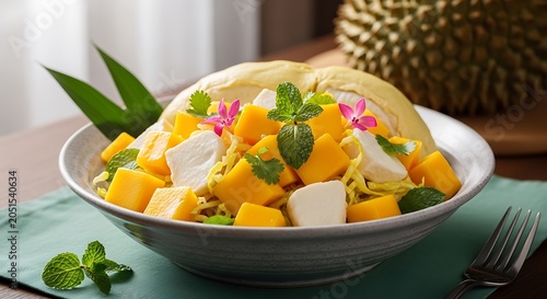 A refreshing durian mango salad served in a ceramic bowl with mint leaves and edible flowers on a wooden table, showcasing a unique tropical fruit fusion
