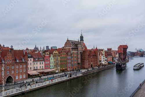 Panoramic view from Granary Island of the Old Town of Gdańsk, Poland.