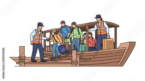 Billede på lærred Embarking on an Adventure: People disembarking from a boat at a pier, carrying luggage and guided by crew members, signifying the start of a journey