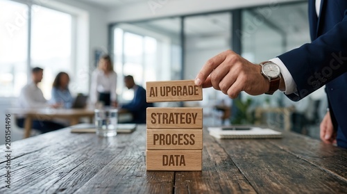 A businessman placing an AI upgrade block on a stack of data, process, and strategy foundation blocks.