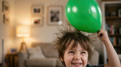 Kid learns physics through a fun science experiment with a green balloon and static electricity at home.