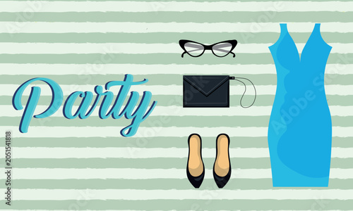 Fashion party outfit set on striped background