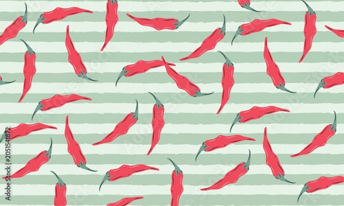 Seamless chili pepper pattern on striped background