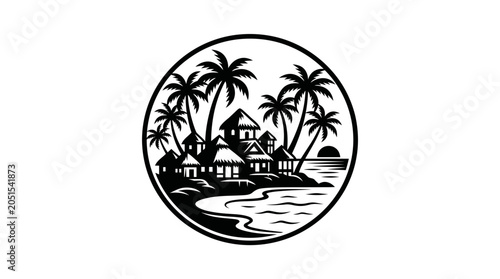 Valokuva Black and white tropical beach resort with palm trees, oceanfront huts, and serene ocean view, isolated white background