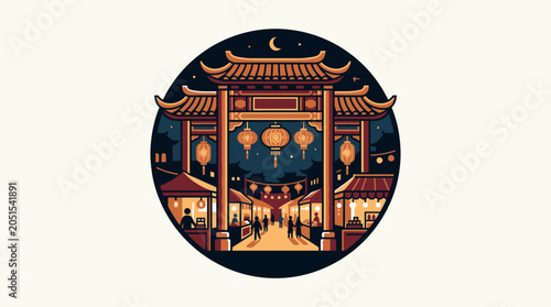 Schilderij op canvas Vibrant Asian night market with traditional gate, glowing lanterns, and bustling street scene, cultural celebration, isolated white background