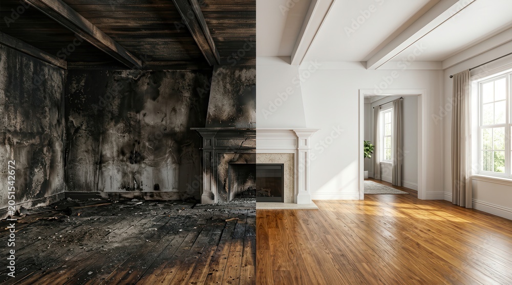 Naklejka premium A comparison of charred walls and damaged floors versus a repaired clean room after fire restoration.