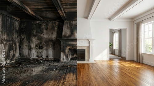 A comparison of charred walls and damaged floors versus a repaired clean room after fire restoration.