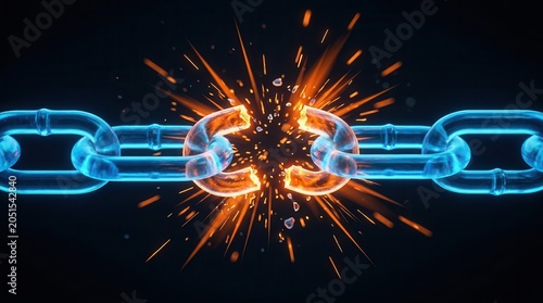 Conceptual image of a supply chain security breach with a glowing chain link breaking and emitting sparks.