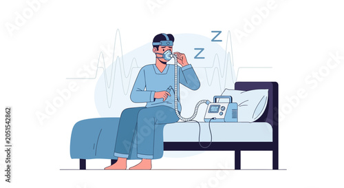 Man Using CPAP Machine for Sleep Apnea Treatment in Bed