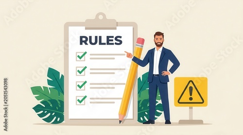 A man follows work regulations and compliance using a checklist with green checkmarks.