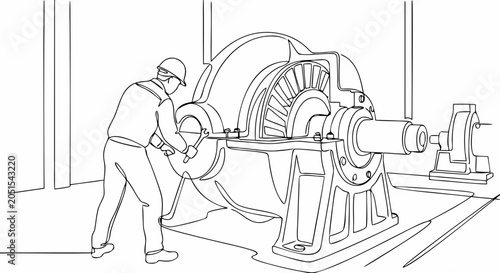 Foto A mechanical engineer disassembles a large turbine engine on a factory floor