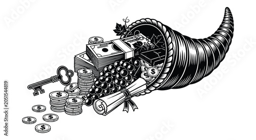 Photos Cornucopia overflowing with money key and grapes detailed engraving style silhou