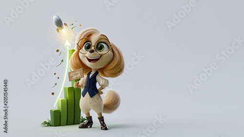 Eine weibliche animierte 3D-Hundefigur in Businesskleidung hält ein Schild mit der Aufschrift „Record High