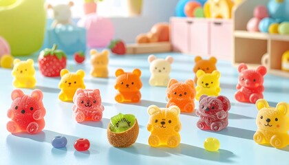 Assorted Fruit Flavored Gummy Candies in Adorable Animal Shapes Scattered on a Light Blue Surface