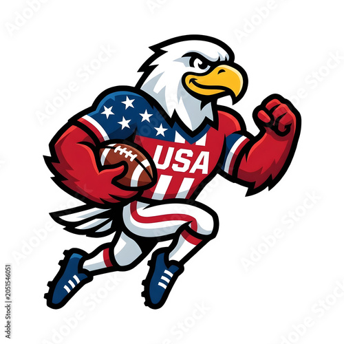 Eagle mascot wearing American flag colors holding football with dynamic pose isolated on transparent background