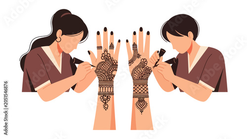 Картината върху платно Artistry in Motion: Two artists meticulously apply intricate henna designs onto a woman's hands, showcasing traditional cultural artistry and decorative beauty