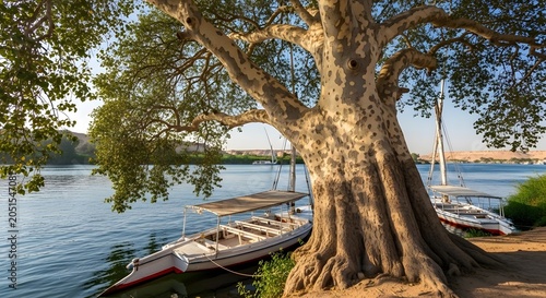 Traditional felucca boats moored on the banks of the nile river in aswan, egypt, under a large, ancient sycamore tree