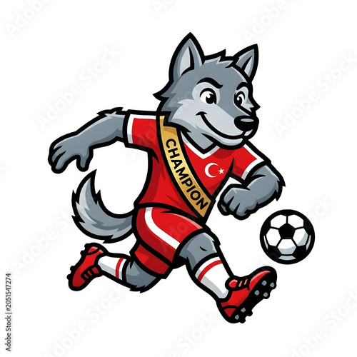Cartoon wolf character playing soccer in red and black sports outfit with ball isolated on transparent background