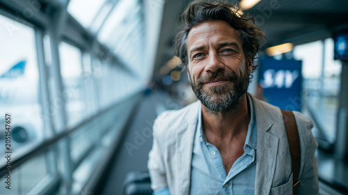 Ultra-premium commercial travel photography, confident male frequent flyer in smart casual linen blazer and chinos walking purposefully along a bright modern airport terminal movin